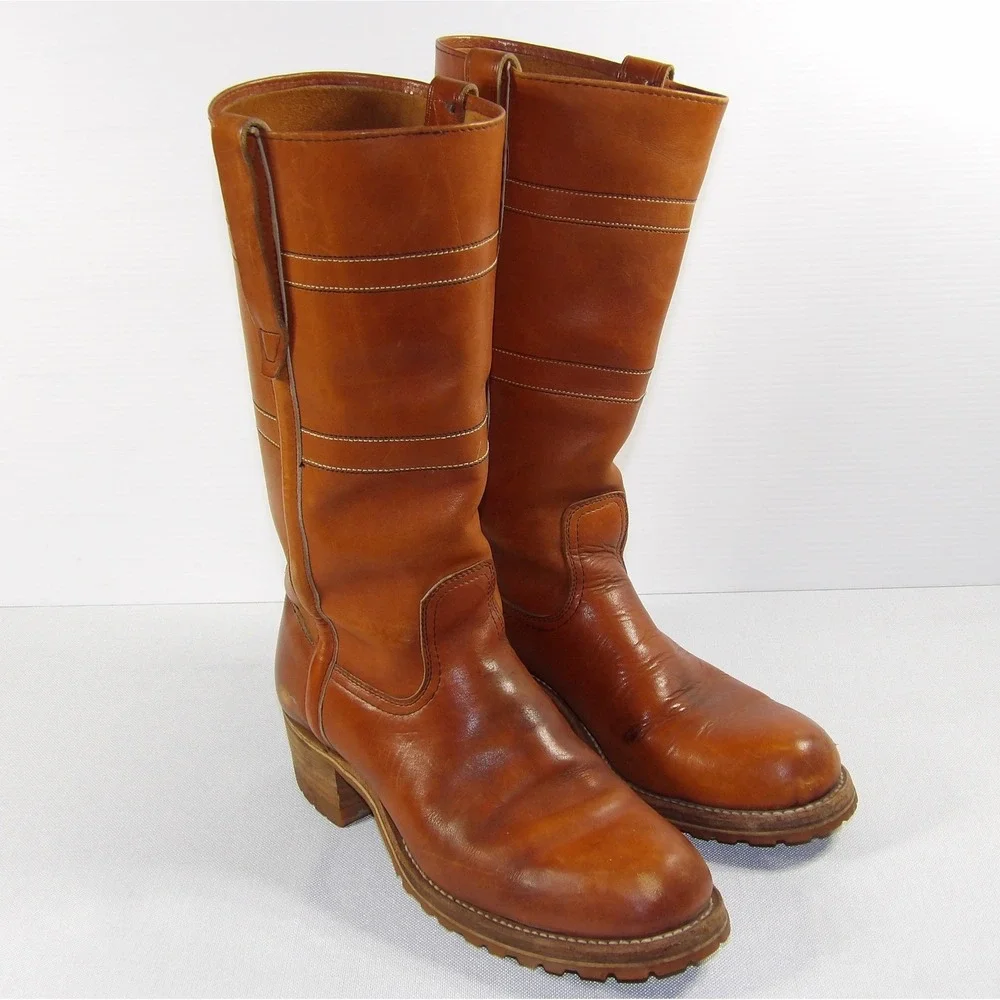 Vintage Tall Leather Pull On Boots Mens 8.5 Tan Good Vibram Lug Sole Work Moto